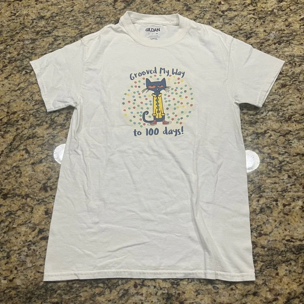Pete the Cat 100 Days of School Graphic T-Shirt Boy Small White Gildan Cotton